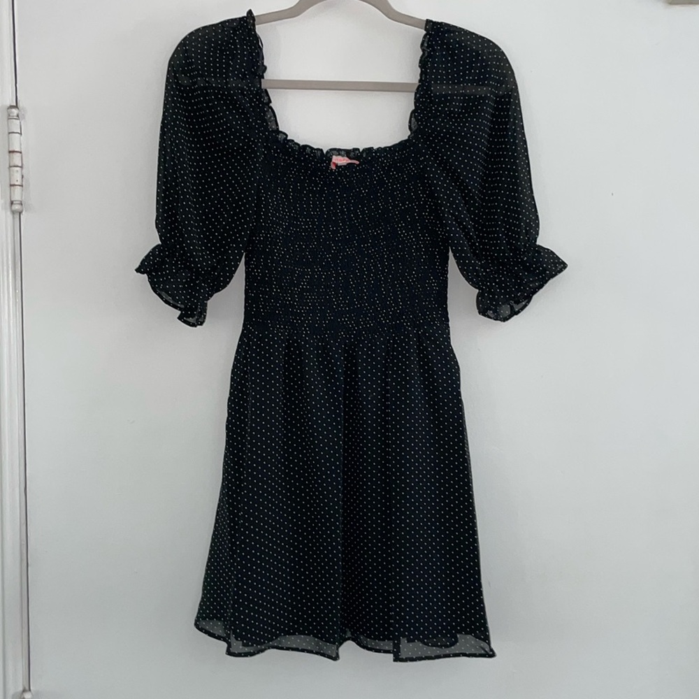 Re:Named Black and White Polka Dot Mini Dress with Sheer Short Sleeve | S